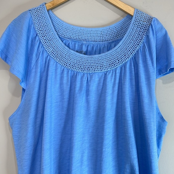 My Style Flutter Short Sleeve Crochet Neck Top Blue Ladder Lace 1X - Picture 3 of 10